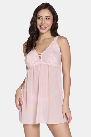 Buy Zivame Forever Yours Lace N Mesh Babydoll With Thong - Rose Quartz
